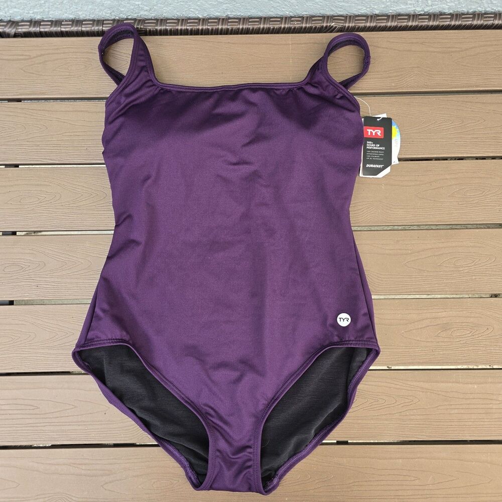 TYR Women's Durafast Deep Plum Scoop Neck Controlfit 1 Piece Swim Sz 24 New